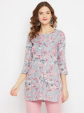 Women Grey & Pink Floral Printed Straight Kurti