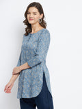 Women Rayon Blue & White Floral Printed Kurti