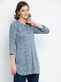 Women Rayon Blue & White Floral Printed Kurti