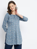 Women Rayon Blue & White Floral Printed Kurti
