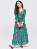 Women Dark Green & Pink Floral Printed A-Line Kurta