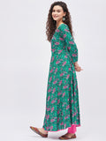 Women Dark Green & Pink Floral Printed A-Line Kurta