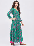Women Dark Green & Pink Floral Printed A-Line Kurta