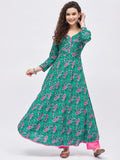 Women Dark Green & Pink Floral Printed A-Line Kurta