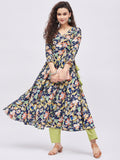 Women Blue & Green Floral Printed Angrakha Kurta
