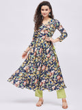 Women Blue & Green Floral Printed Angrakha Kurta