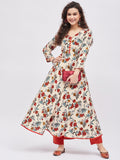 Women Rayon Beige & Orange Floral Printed A-Line Kurta