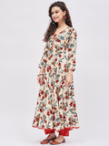 Women Rayon Beige & Orange Floral Printed A-Line Kurta
