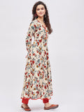 Women Rayon Beige & Orange Floral Printed A-Line Kurta