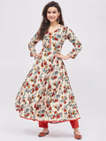 Women Rayon Beige & Orange Floral Printed A-Line Kurta