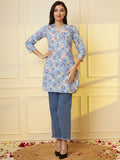 Women Sky Blue Floral Printed Pure Cotton Kurti