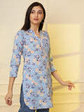 Women Sky Blue Floral Printed Pure Cotton Kurti