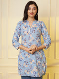 Women Sky Blue Floral Printed Pure Cotton Kurti