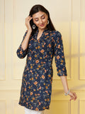 Women Navy Floral Printed Pure Cotton Kurti