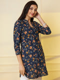 Women Navy Floral Printed Pure Cotton Kurti