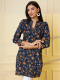 Women Navy Floral Printed Pure Cotton Kurti