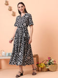 Women Black Printed Fit & Flared Waist Tie-up Dress