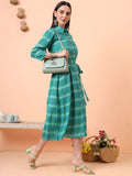 Women Green Printed Fit & Flared Waist Tie-up Dress