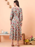 Women Beige Floral Printed Fit & Flared Waist Tie-up Dress