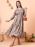 Women Beige Floral Printed Fit & Flared Waist Tie-up Dress