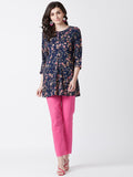 Women Rayon Navy Blue Floral Printed Kurti