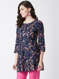 Women Rayon Navy Blue Floral Printed Kurti