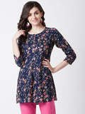 Women Rayon Navy Blue Floral Printed Kurti