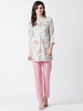Women Rayon Sage Green & Pink Floral Printed Kurti