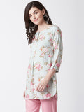 Women Rayon Sage Green & Pink Floral Printed Kurti
