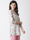Women Rayon Sage Green & Pink Floral Printed Kurti