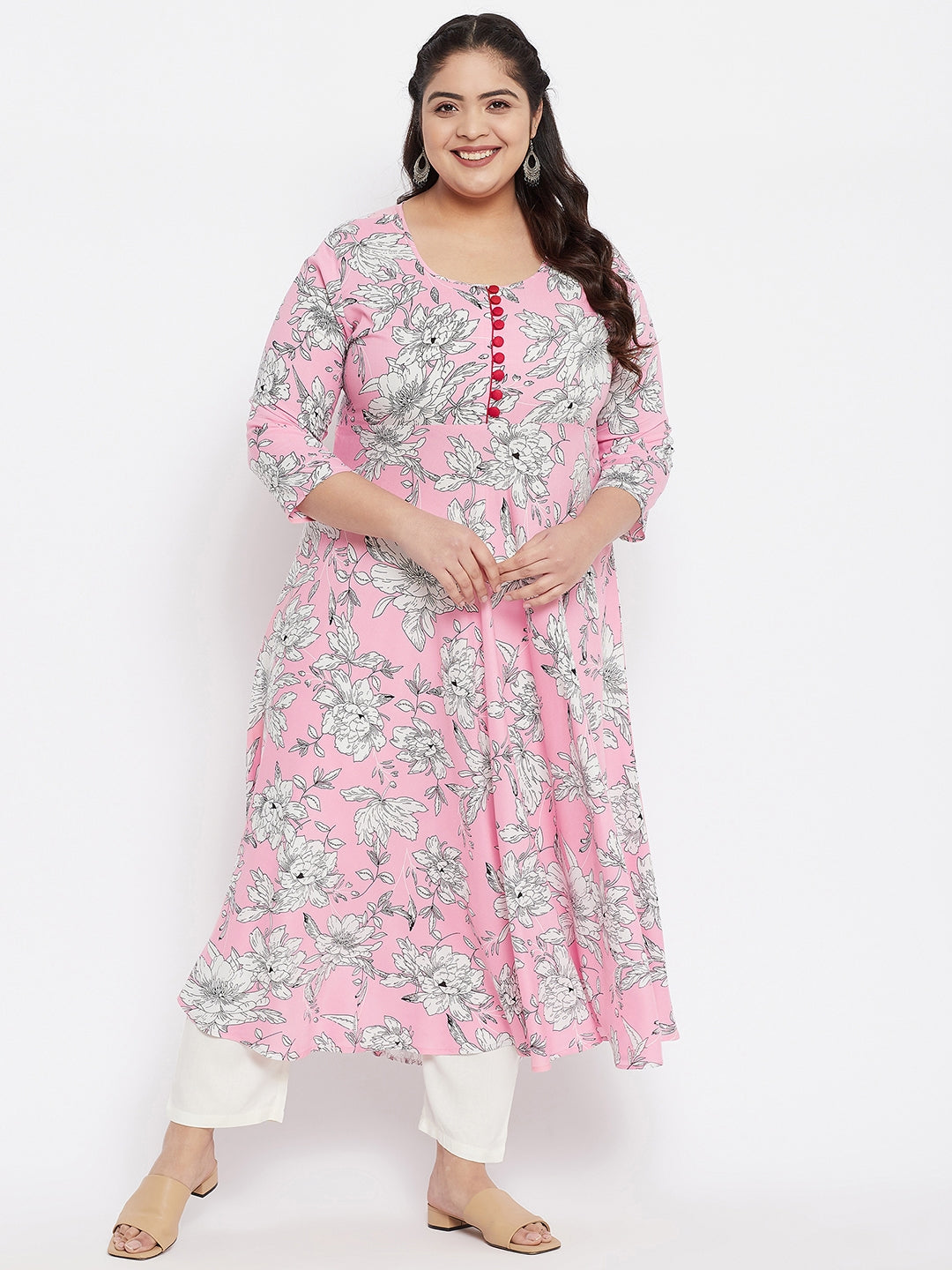 Women Rayon Pink Floral Printed Flared Kurta