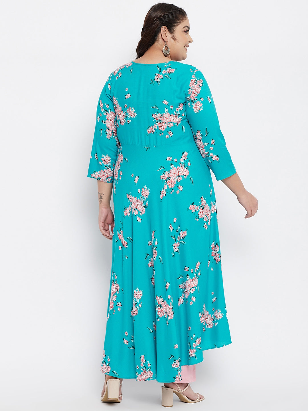 Women Plus Size Rayon Turquoise Printed A-Line Kurta