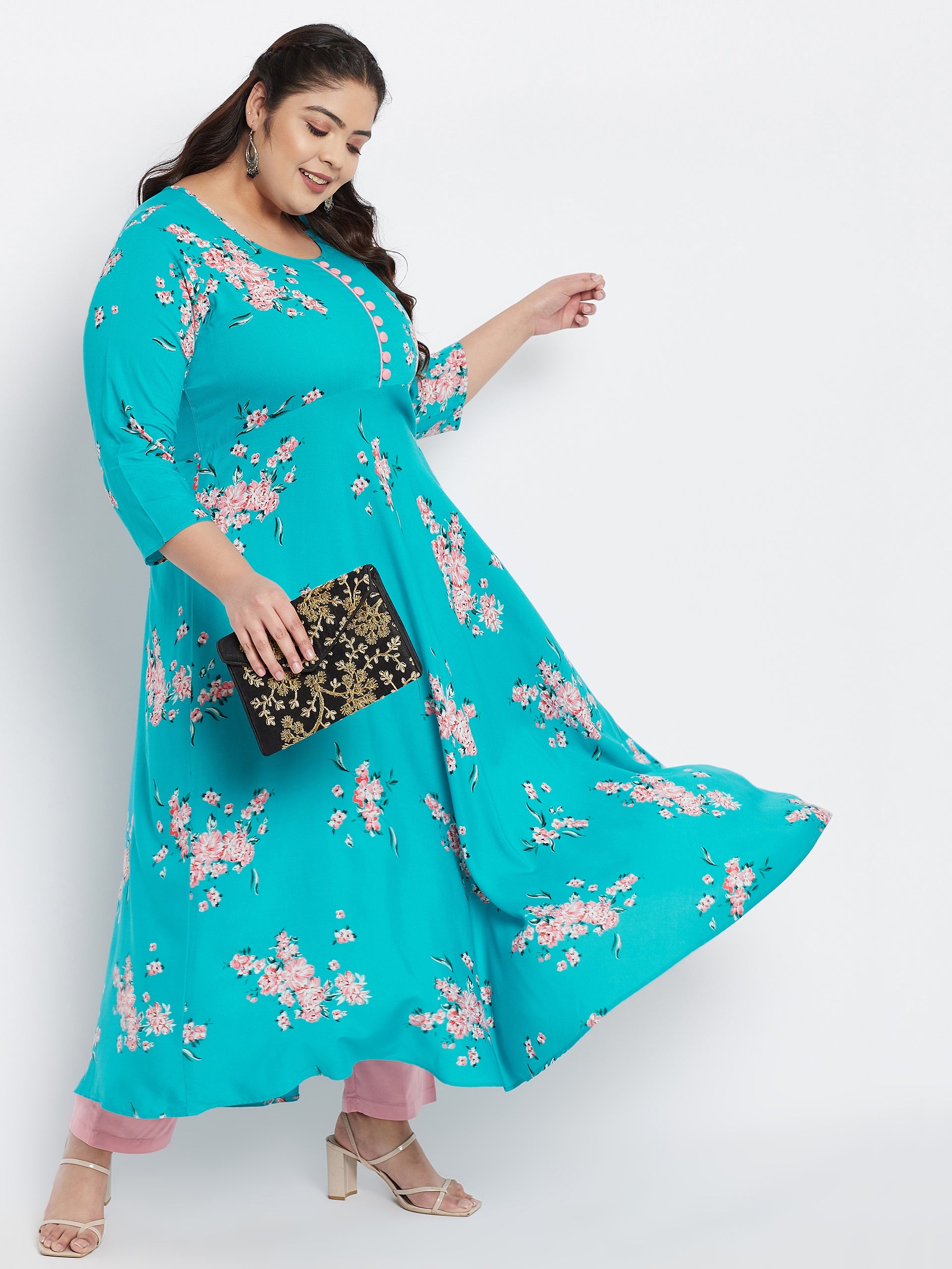 Women Plus Size Rayon Turquoise Printed A-Line Kurta