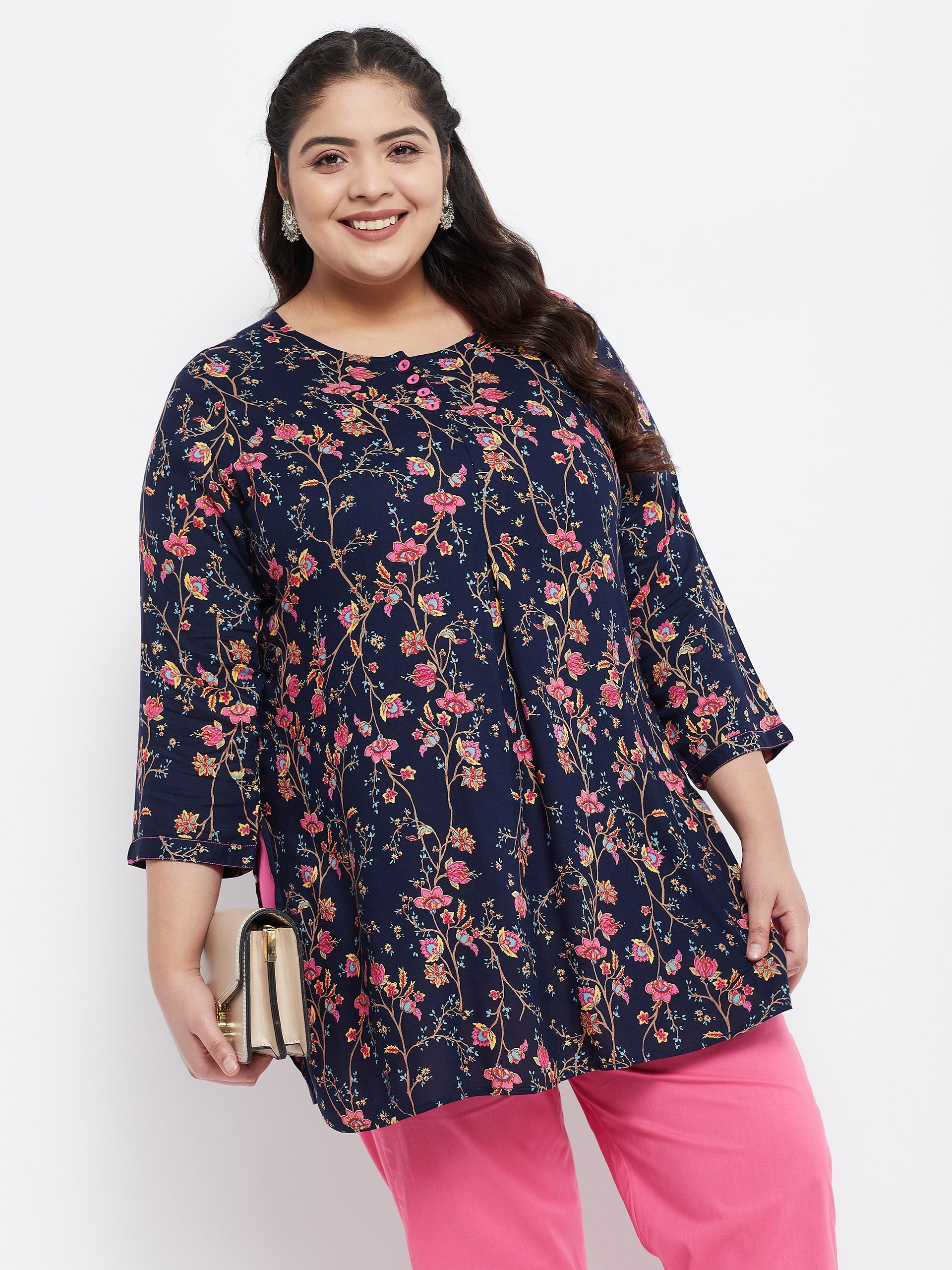 Women Rayon Navy Blue Floral Printed Kurti