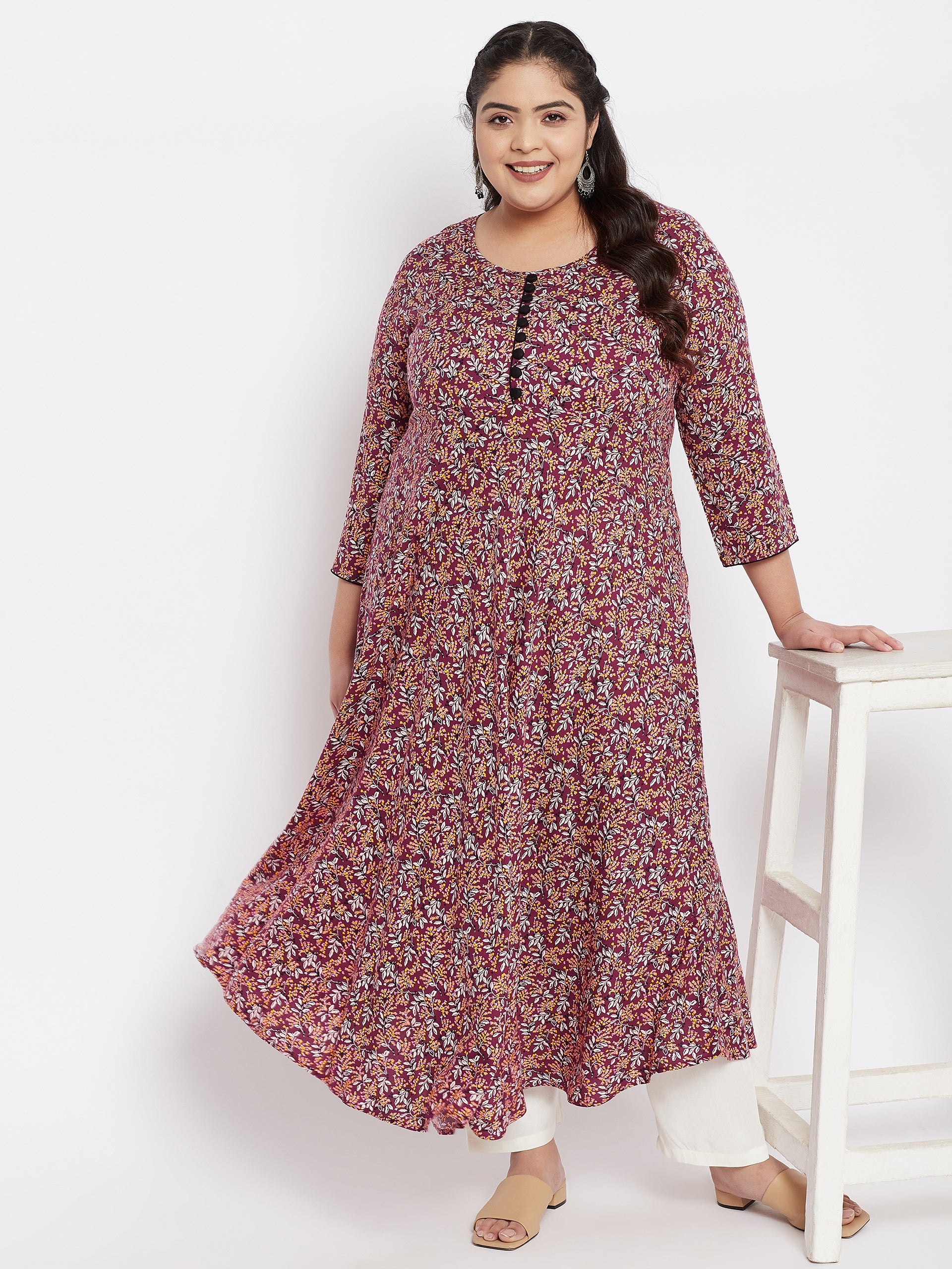 Women Plus Size Maroon & White Floral Printed Kurta