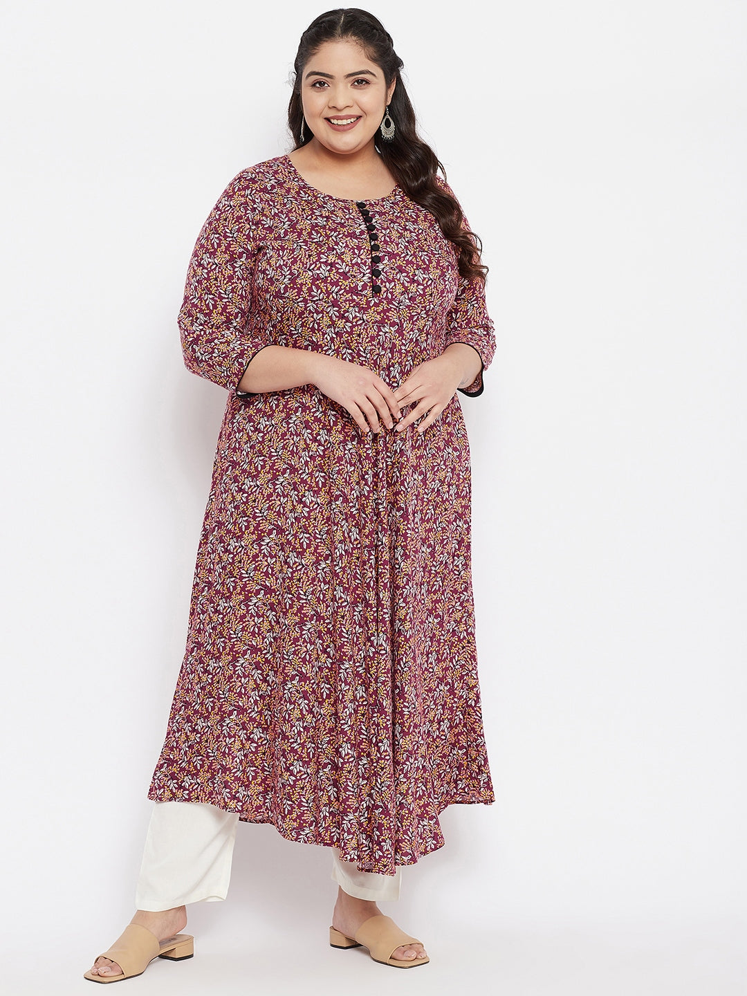 Women Plus Size Maroon & White Floral Printed Kurta