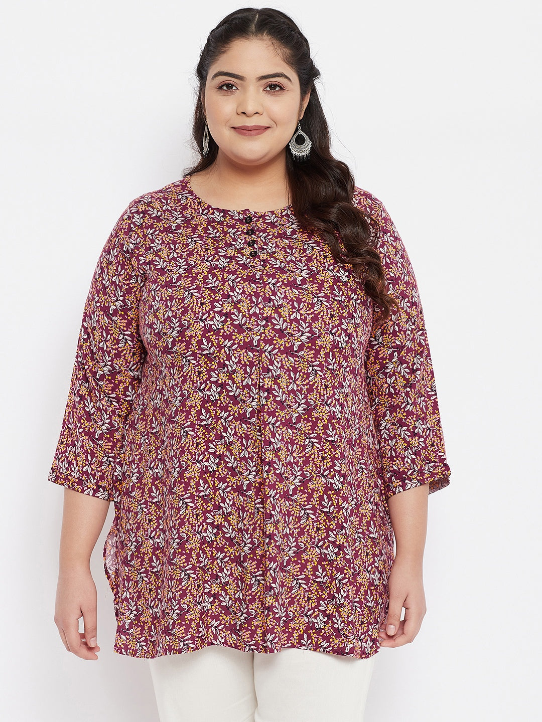 Women Rayon Maroon & White Floral Printed Kurti