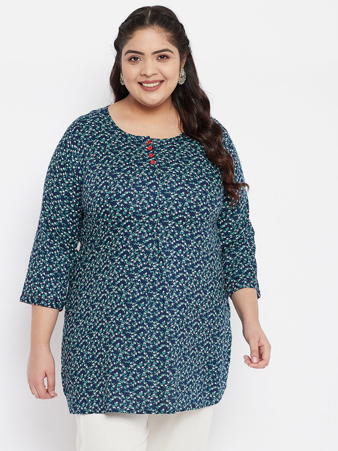 Women Navy Blue & Green Floral Printed Straight Kurti