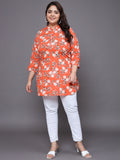 Women Plus Size Orange Floral Printed Pure Cotton Kurti