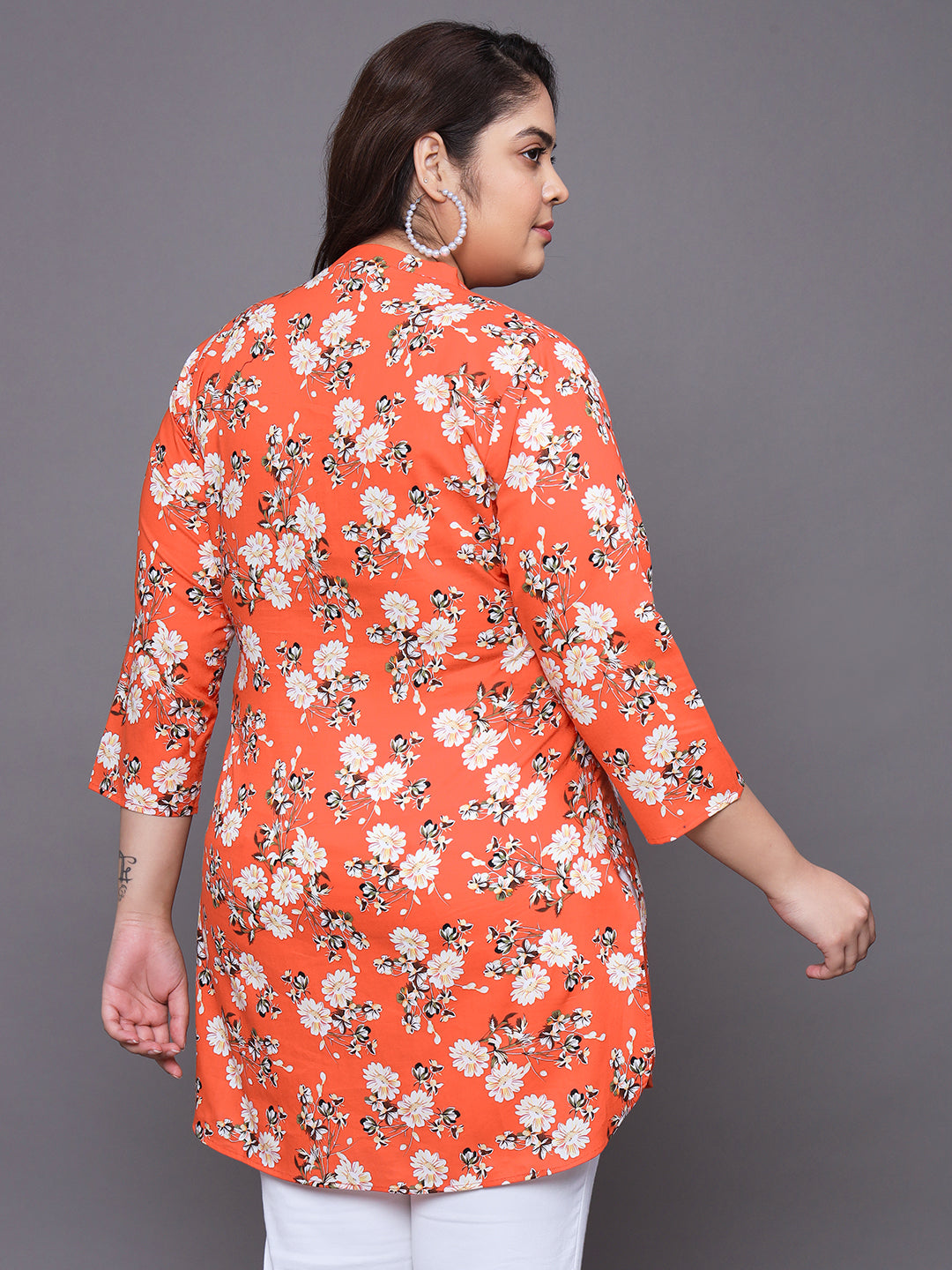 Women Plus Size Orange Floral Printed Pure Cotton Kurti
