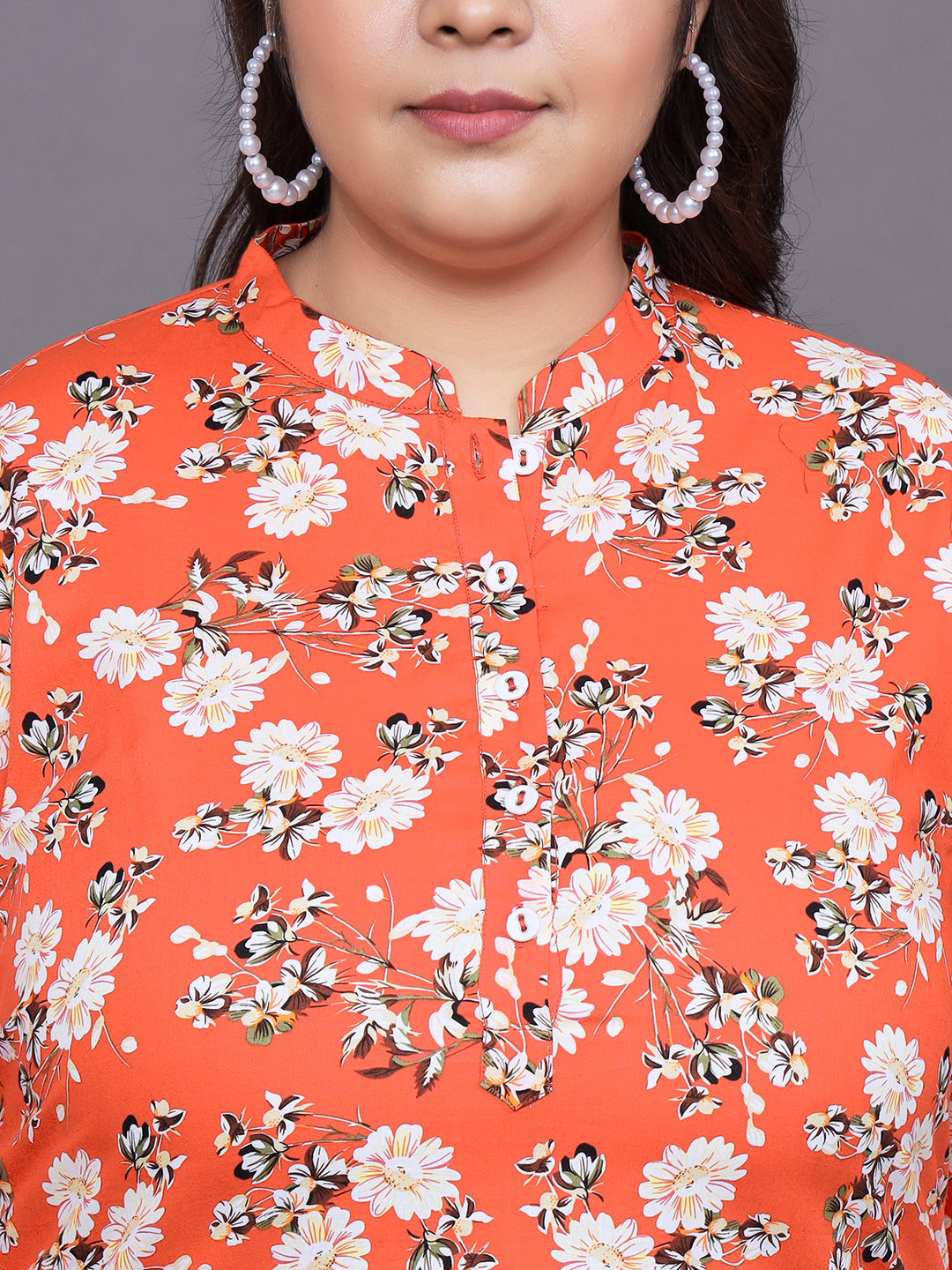 Women Plus Size Orange Floral Printed Pure Cotton Kurti