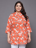 Women Plus Size Orange Floral Printed Pure Cotton Kurti