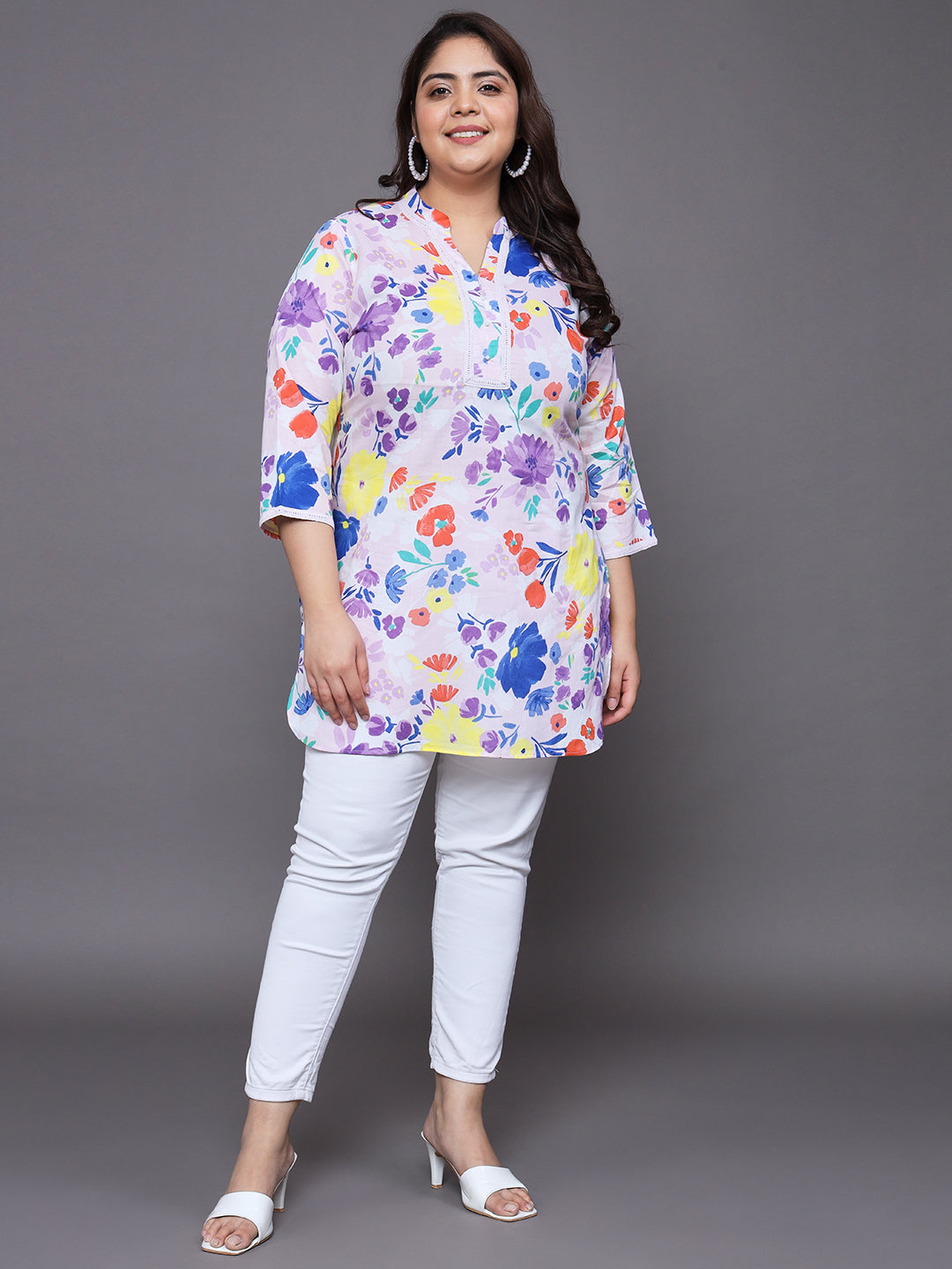 Women Plus Size Multi Floral Printed Pure Cotton Kurti