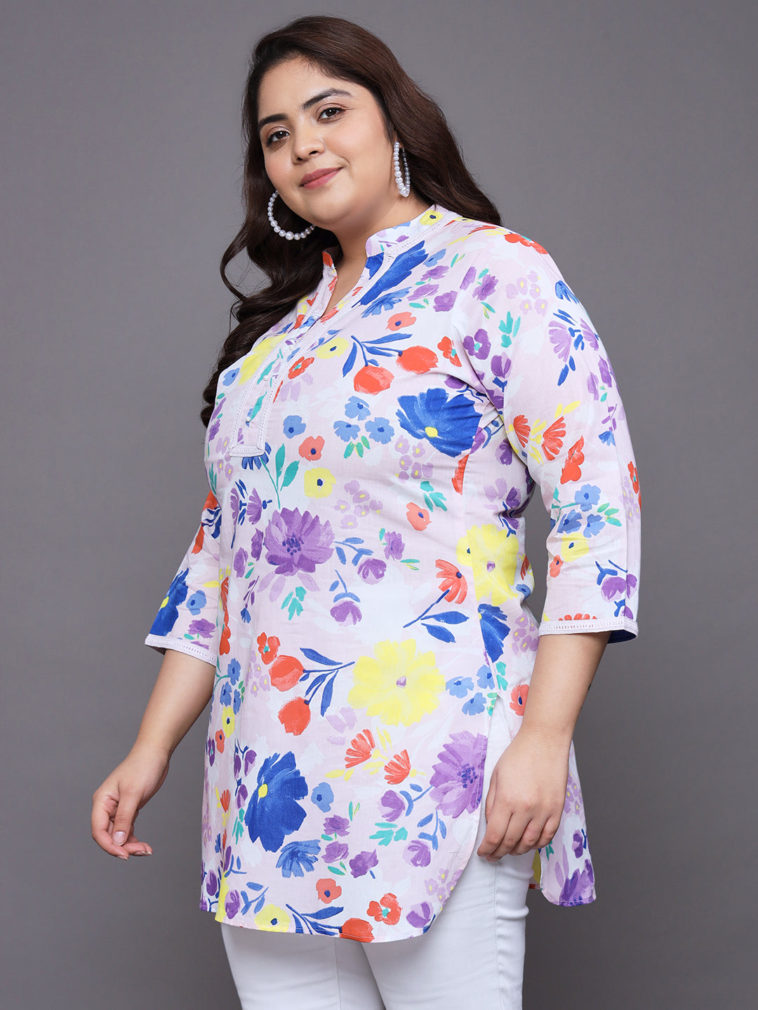 Women Plus Size Multi Floral Printed Pure Cotton Kurti