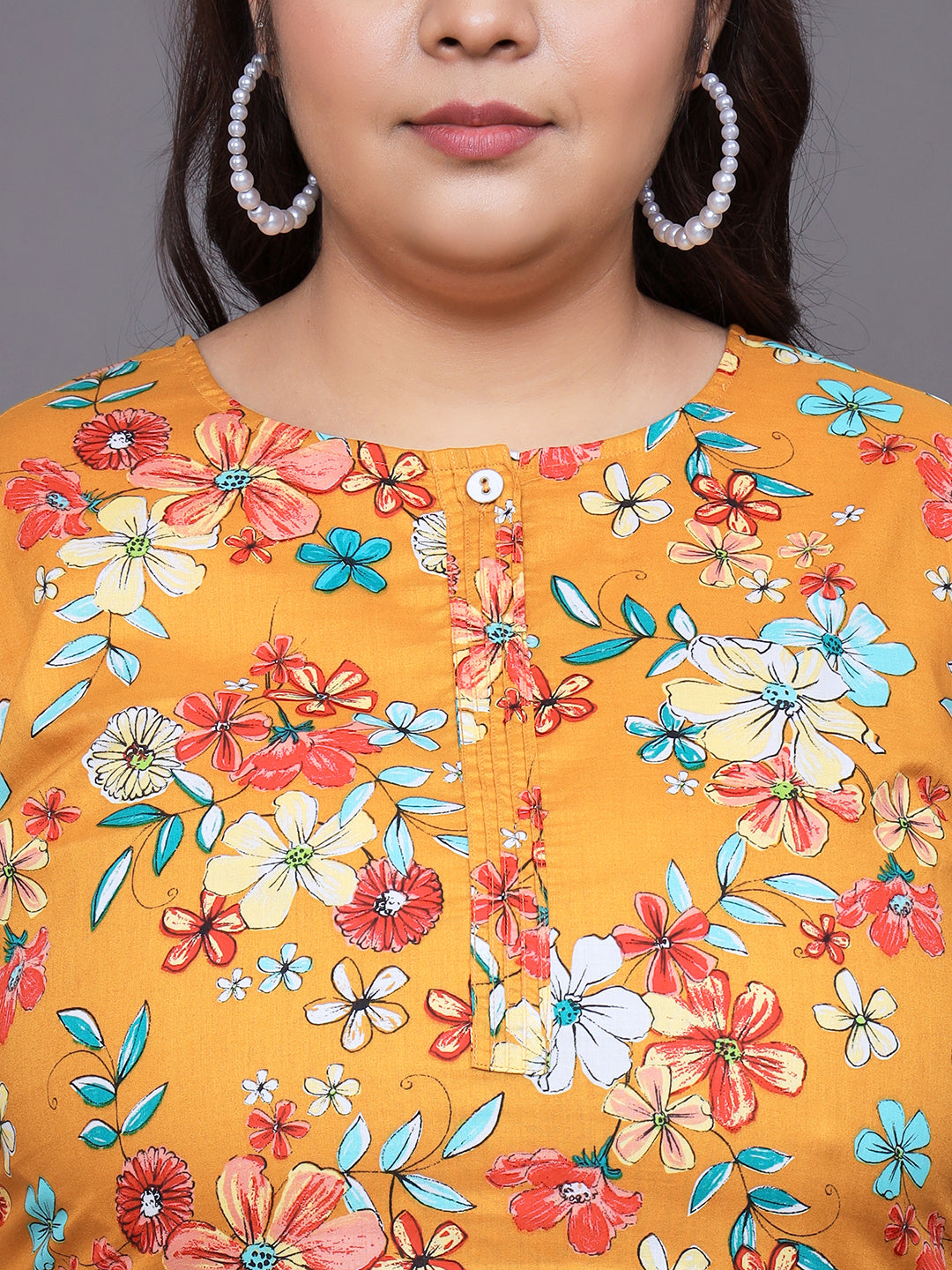 Women Plus Size Yellow Printed Pure Cotton Kurti