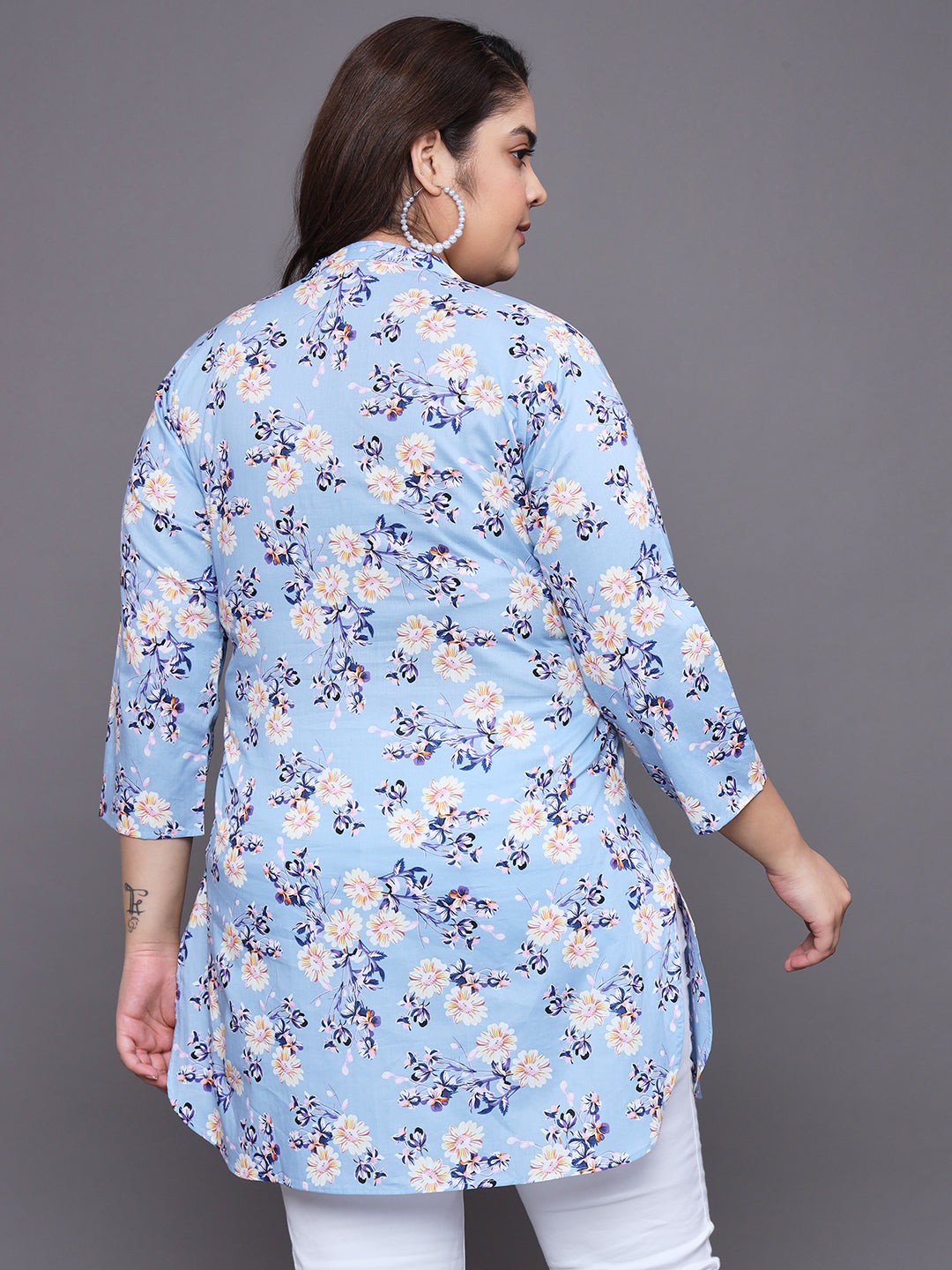 Women Plus Size Sky Blue Floral Printed Pure Cotton Kurti