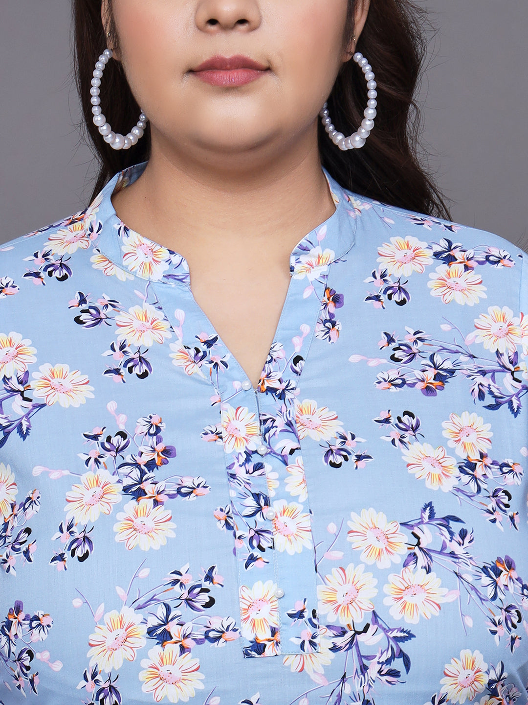 Women Plus Size Sky Blue Floral Printed Pure Cotton Kurti