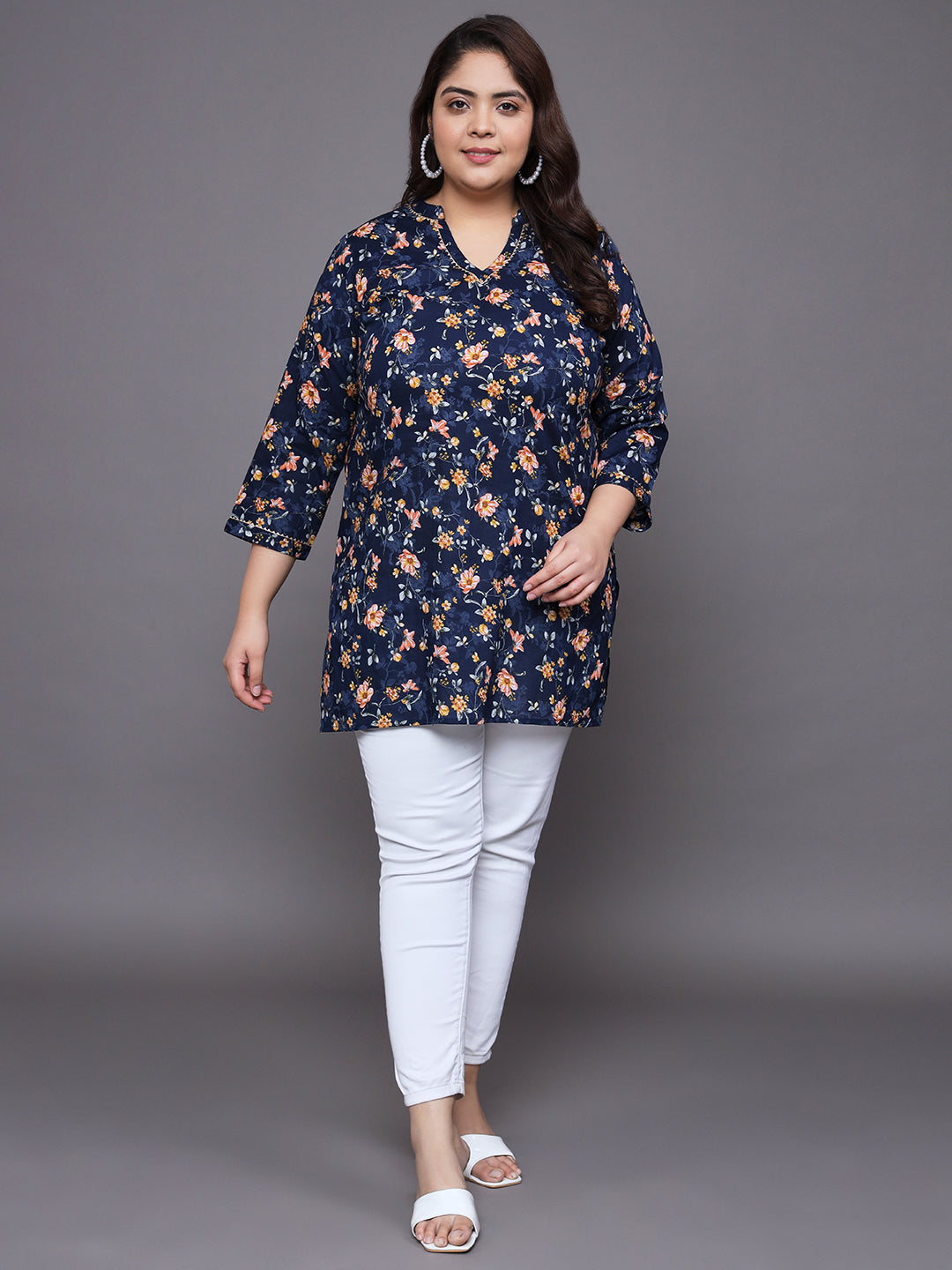 Women Plus Size Navy Floral Printed Pure Cotton Kurti