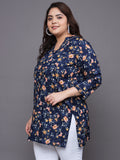 Women Plus Size Navy Floral Printed Pure Cotton Kurti