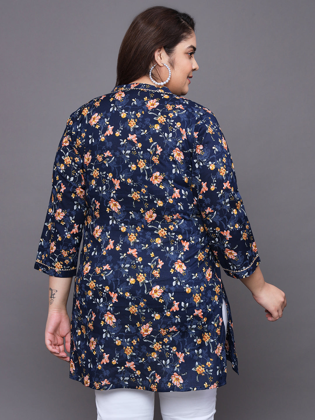 Women Plus Size Navy Floral Printed Pure Cotton Kurti